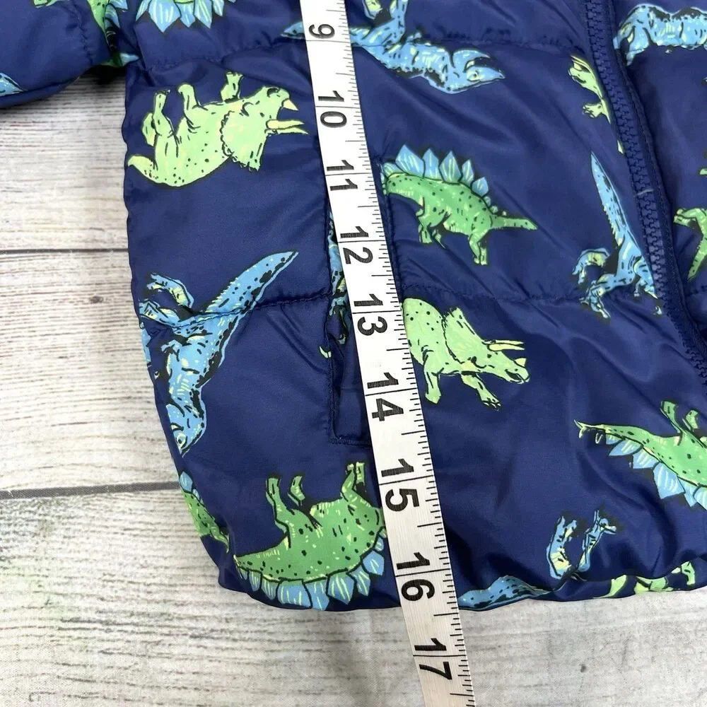 Old Navy Blue Dinosaur Hooded Puffer Jacket Coat Size 3T Fleece Lined Outdoor